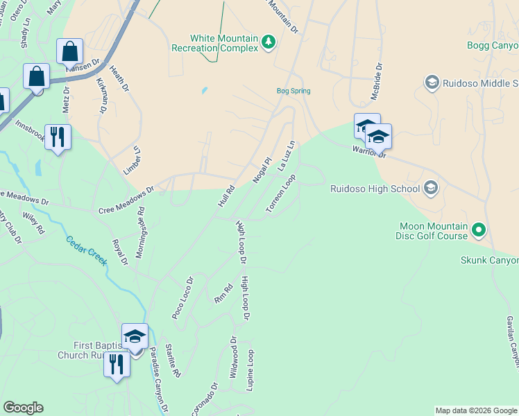 map of restaurants, bars, coffee shops, grocery stores, and more near 108 Nogal Place in Ruidoso