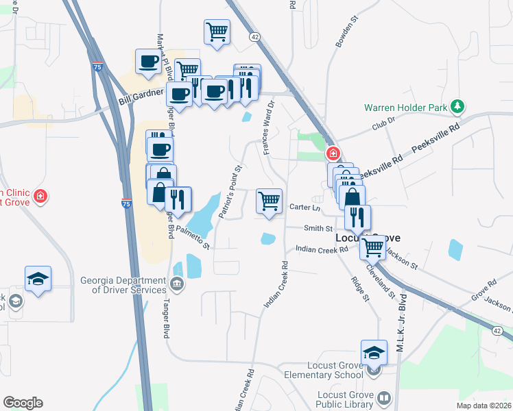 map of restaurants, bars, coffee shops, grocery stores, and more near 1110 Jury Court in Locust Grove