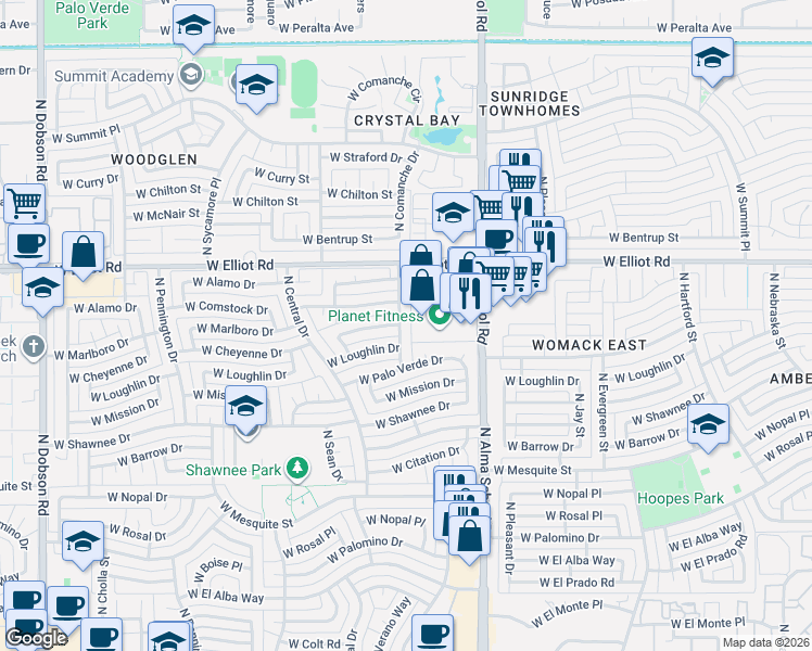 map of restaurants, bars, coffee shops, grocery stores, and more near 1200 West Cheyenne Drive in Chandler
