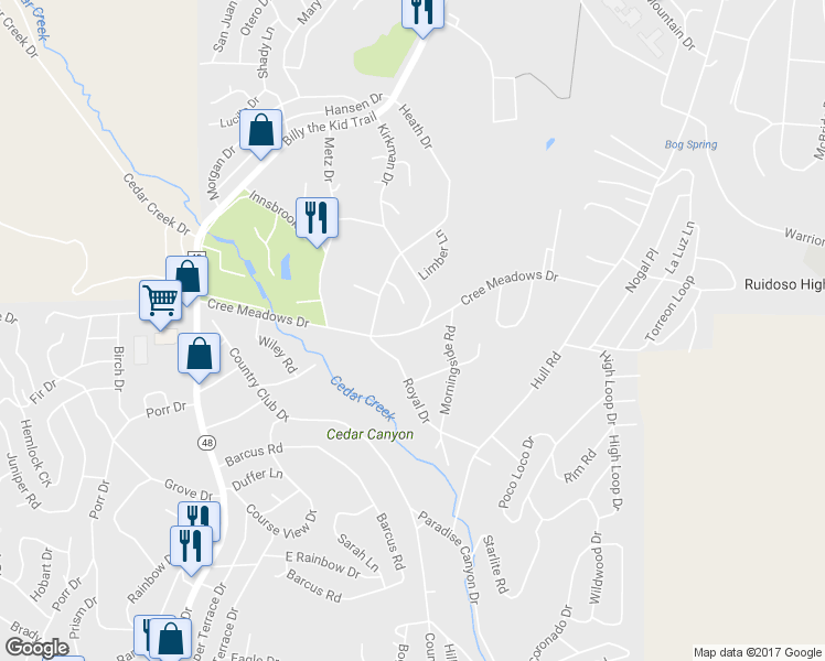 map of restaurants, bars, coffee shops, grocery stores, and more near 177 Cree Meadows Drive in Ruidoso