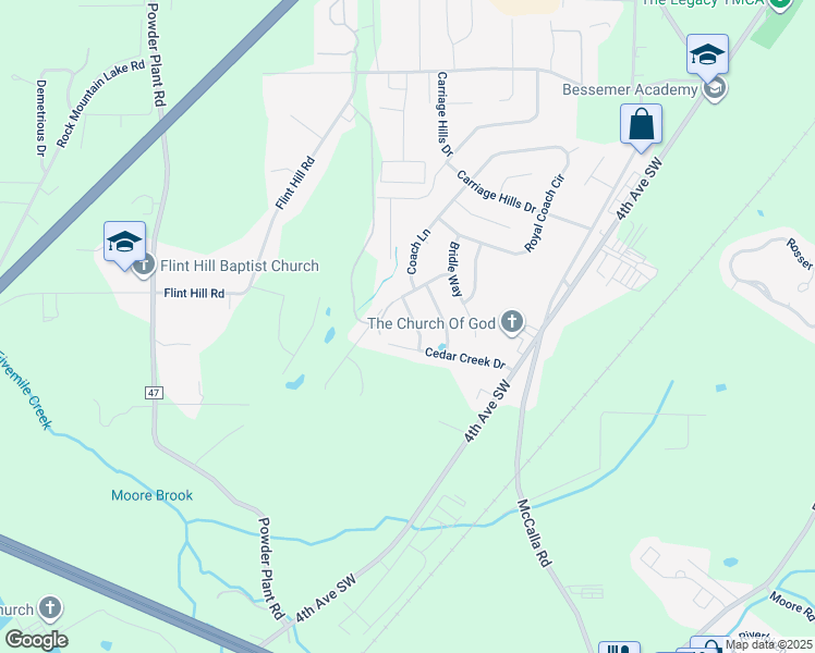 map of restaurants, bars, coffee shops, grocery stores, and more near 5283 Cedar Creek Lane in Bessemer