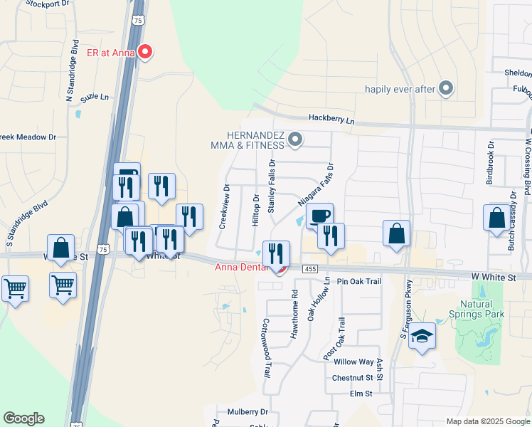 map of restaurants, bars, coffee shops, grocery stores, and more near 426 Stanley Falls Drive in Anna