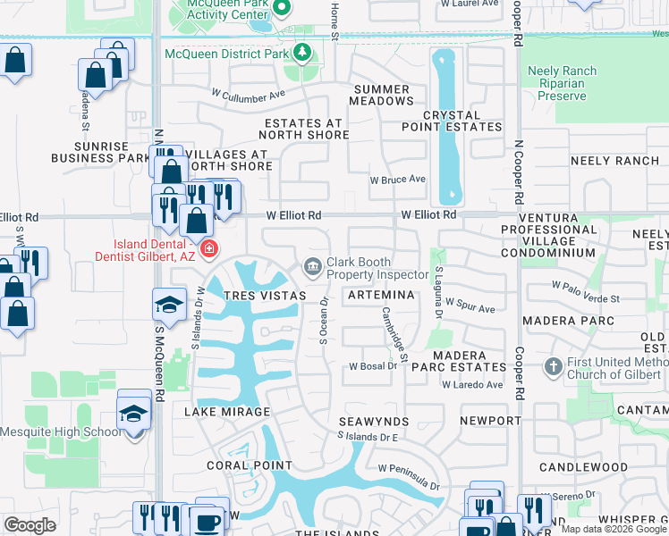 map of restaurants, bars, coffee shops, grocery stores, and more near 101 South Ocean Drive in Gilbert