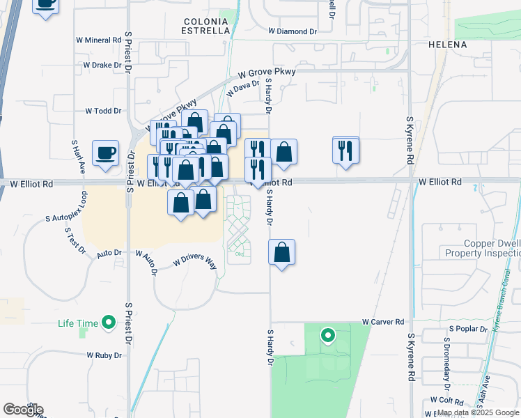 map of restaurants, bars, coffee shops, grocery stores, and more near 7810 South Hardy Drive in Tempe