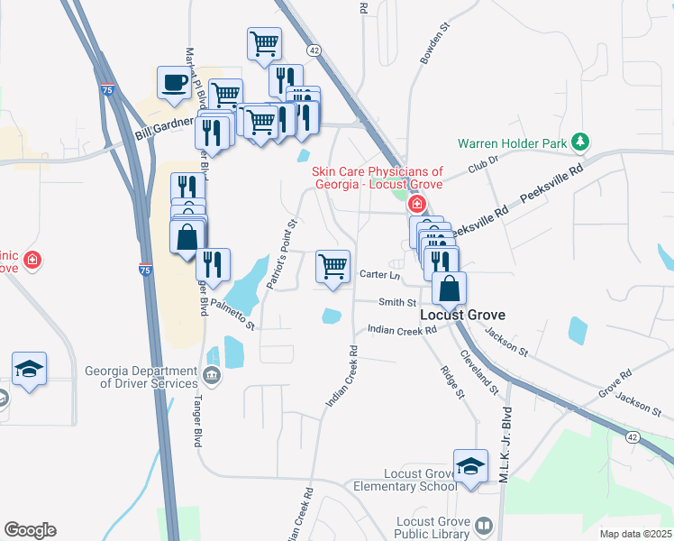 map of restaurants, bars, coffee shops, grocery stores, and more near 928 Justice Drive in Locust Grove