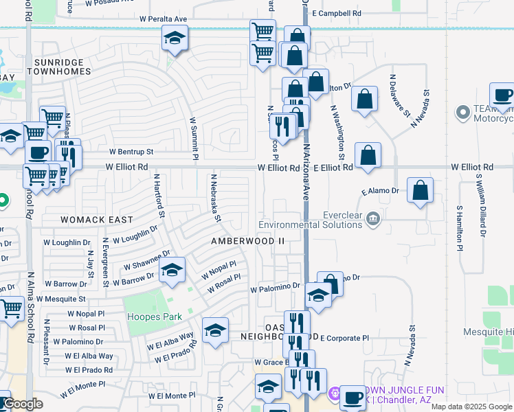 map of restaurants, bars, coffee shops, grocery stores, and more near 2940 North Oregon Street in Chandler