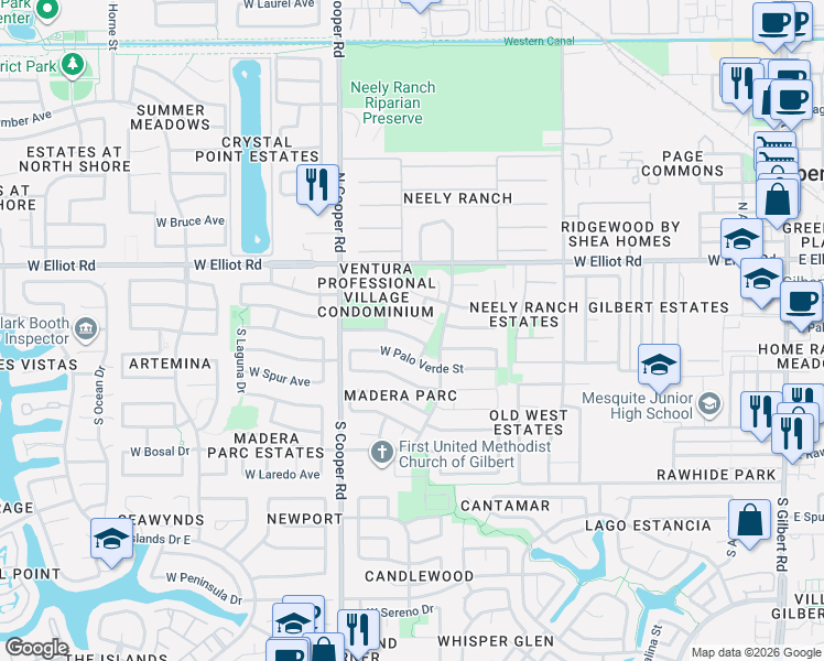 map of restaurants, bars, coffee shops, grocery stores, and more near 631 West Sierra Madre Avenue in Gilbert