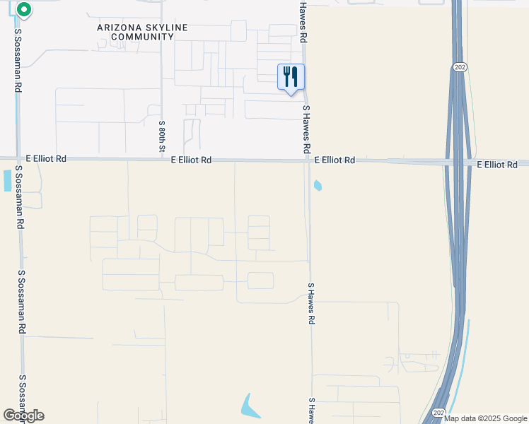 map of restaurants, bars, coffee shops, grocery stores, and more near 10800-11184 South Hawes Road in Mesa