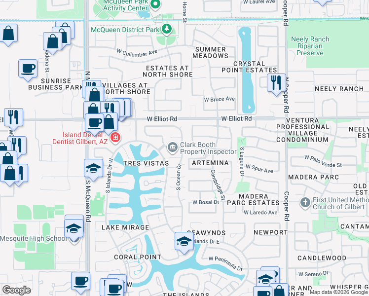 map of restaurants, bars, coffee shops, grocery stores, and more near 101 South Ocean Drive in Gilbert