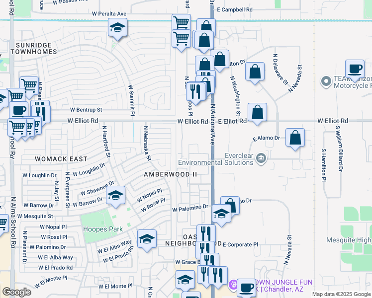 map of restaurants, bars, coffee shops, grocery stores, and more near 2940 North Oregon Street in Chandler