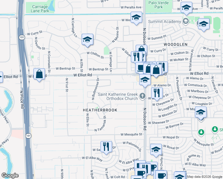 map of restaurants, bars, coffee shops, grocery stores, and more near 2321 West Gregg Drive in Chandler