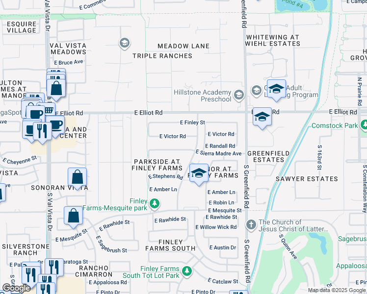 map of restaurants, bars, coffee shops, grocery stores, and more near 2142 East Sierra Madre Avenue in Gilbert