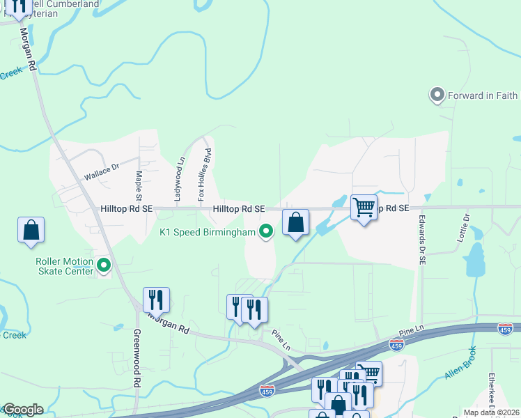map of restaurants, bars, coffee shops, grocery stores, and more near 3773 Hilltop Road Southeast in Bessemer