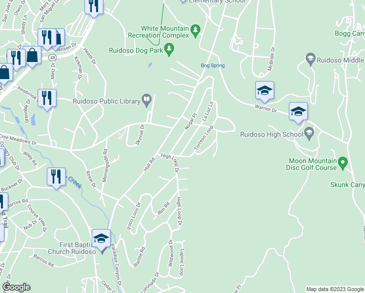 map of restaurants, bars, coffee shops, grocery stores, and more near 105 La Luz Lane in Ruidoso