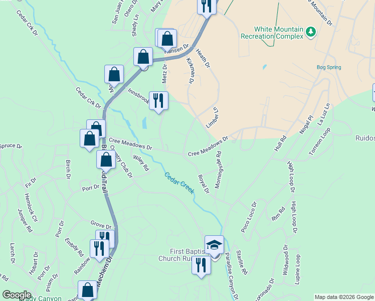 map of restaurants, bars, coffee shops, grocery stores, and more near 177-229 Cree Meadows Drive in Ruidoso