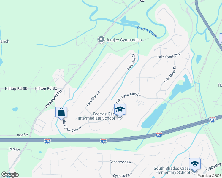 map of restaurants, bars, coffee shops, grocery stores, and more near 5497 Park Side Circle in Birmingham