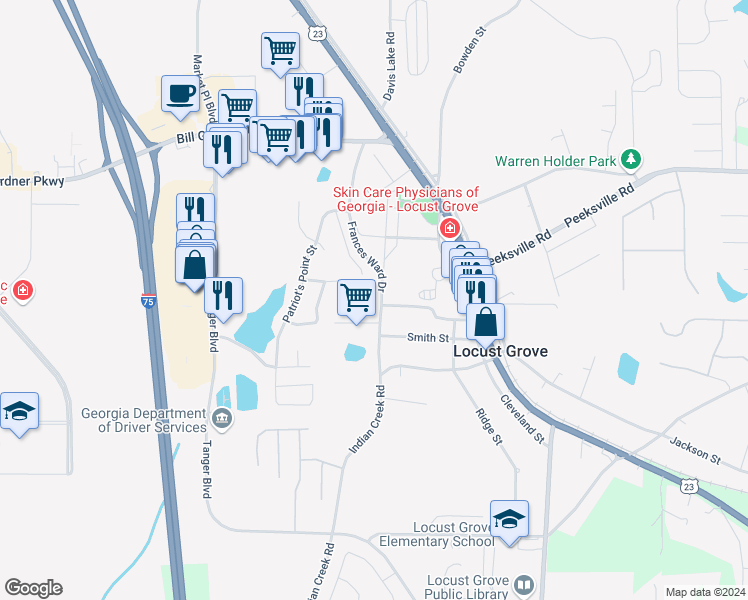 map of restaurants, bars, coffee shops, grocery stores, and more near 935 Justice Drive in Locust Grove