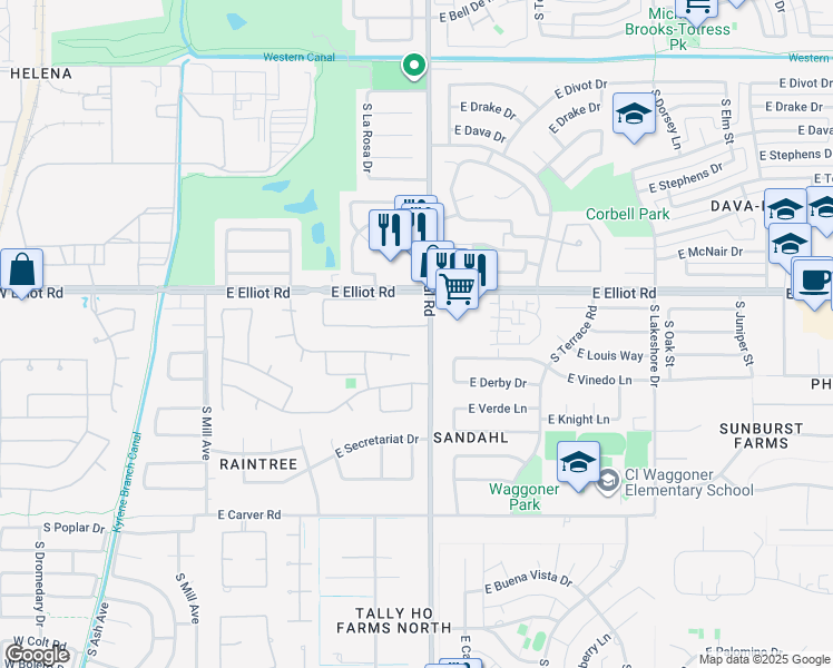 map of restaurants, bars, coffee shops, grocery stores, and more near 821 East Sunburst Lane in Tempe