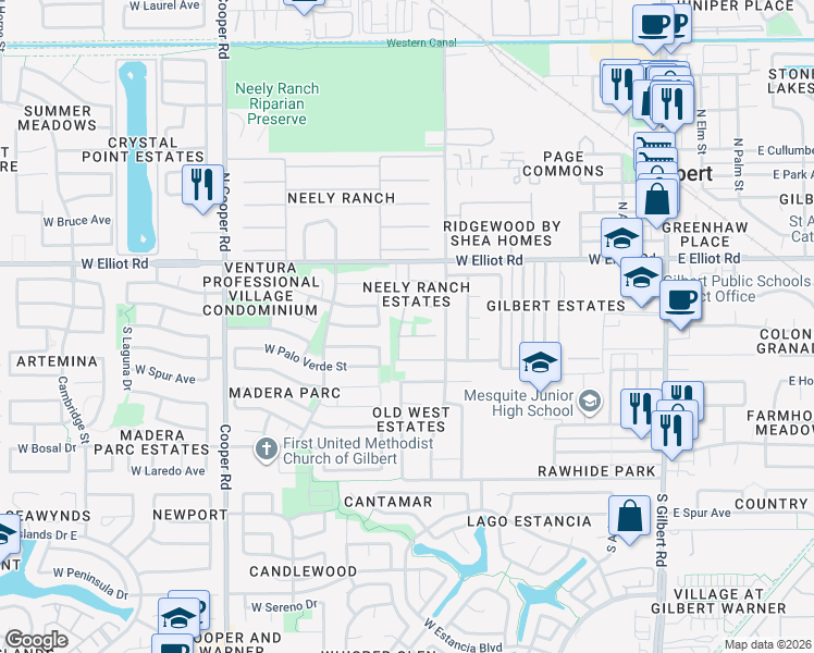map of restaurants, bars, coffee shops, grocery stores, and more near 103 South Monterey Street in Gilbert