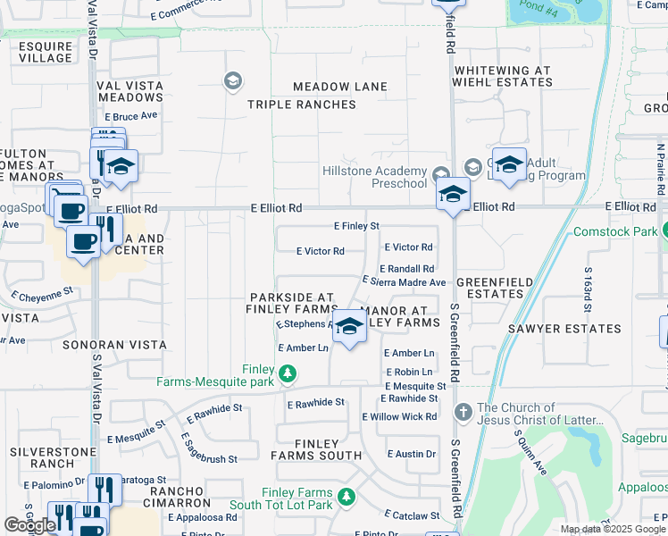 map of restaurants, bars, coffee shops, grocery stores, and more near 2142 East Sierra Madre Avenue in Gilbert