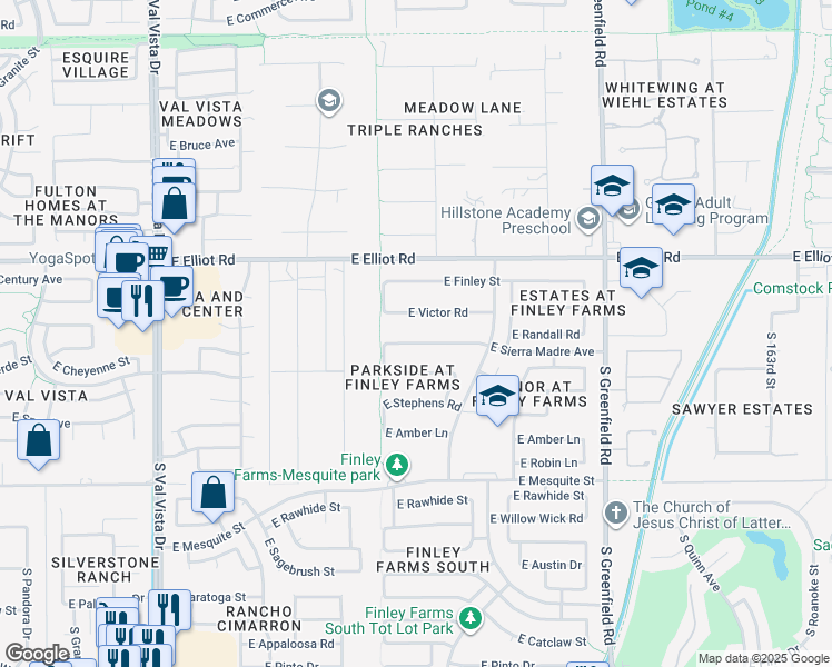 map of restaurants, bars, coffee shops, grocery stores, and more near 2073 East Victor Road in Gilbert
