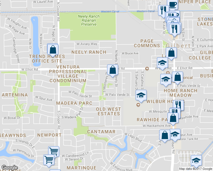 map of restaurants, bars, coffee shops, grocery stores, and more near 103 South Monterey Street in Gilbert