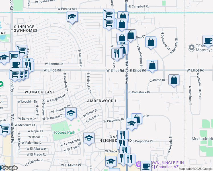 map of restaurants, bars, coffee shops, grocery stores, and more near 2940 North Oregon Street in Chandler