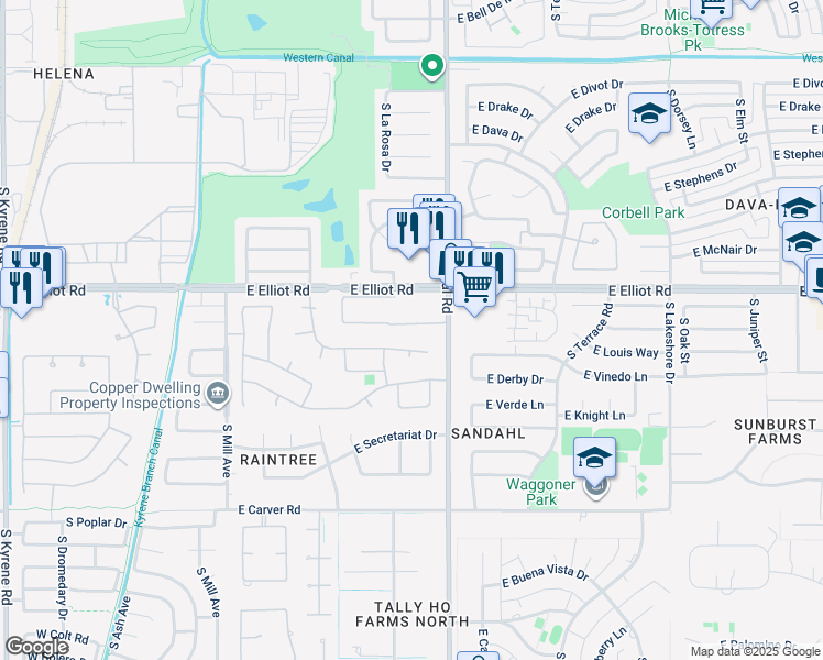 map of restaurants, bars, coffee shops, grocery stores, and more near 693 East Sunburst Lane in Tempe