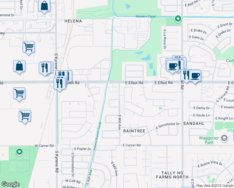 map of restaurants, bars, coffee shops, grocery stores, and more near 1 West Krista Way in Tempe