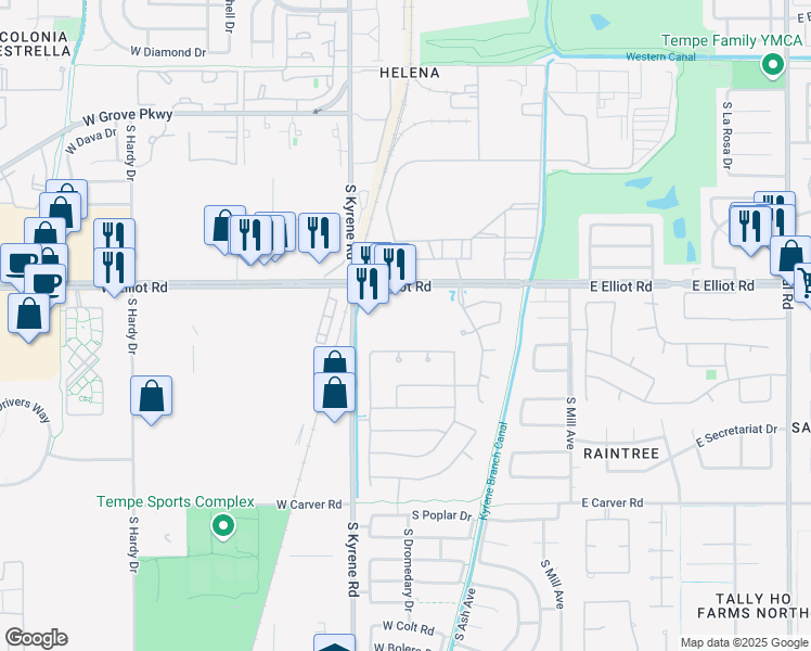 map of restaurants, bars, coffee shops, grocery stores, and more near 315 West Elliot Road in Tempe