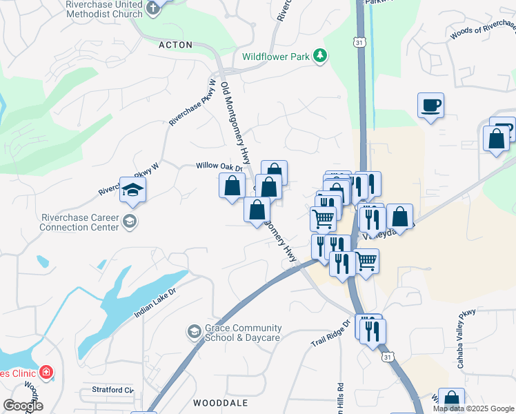map of restaurants, bars, coffee shops, grocery stores, and more near 1950 Old Montgomery Highway in Birmingham