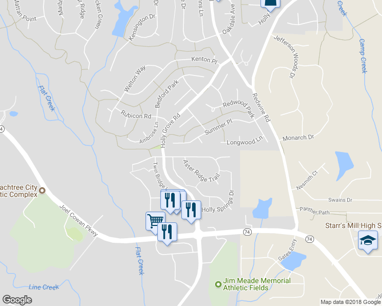 map of restaurants, bars, coffee shops, grocery stores, and more near 335 Aster Ridge Tr in Peachtree City