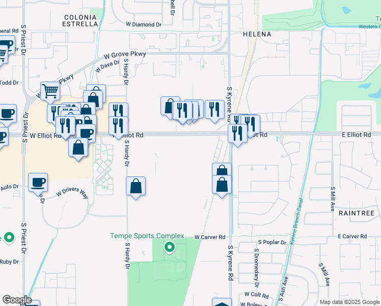 map of restaurants, bars, coffee shops, grocery stores, and more near 655 West Elliot Road in Tempe