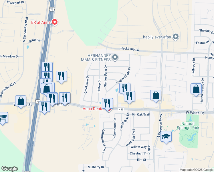 map of restaurants, bars, coffee shops, grocery stores, and more near 421 Stanley Falls Drive in Anna
