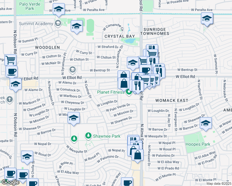map of restaurants, bars, coffee shops, grocery stores, and more near 1200 West Cheyenne Drive in Chandler