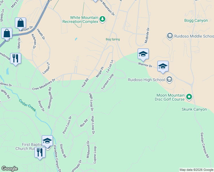 map of restaurants, bars, coffee shops, grocery stores, and more near 117 Torreon Loop in Ruidoso