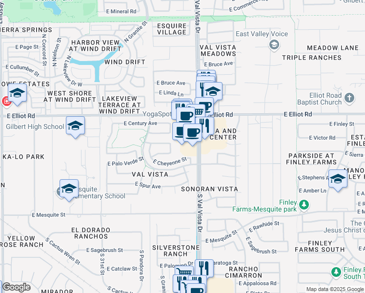 map of restaurants, bars, coffee shops, grocery stores, and more near 110 South Val Vista Drive in Gilbert