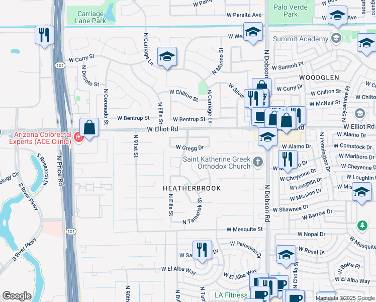 map of restaurants, bars, coffee shops, grocery stores, and more near 2341 West Gregg Drive in Chandler
