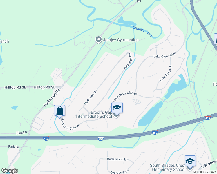map of restaurants, bars, coffee shops, grocery stores, and more near 5493 Park Side Circle in Birmingham