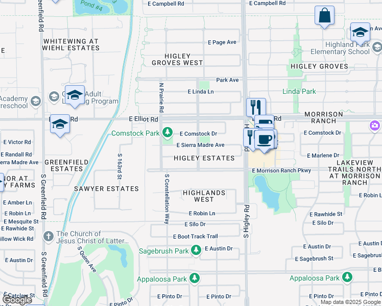 map of restaurants, bars, coffee shops, grocery stores, and more near 2988 E Marlene Dr in Gilbert