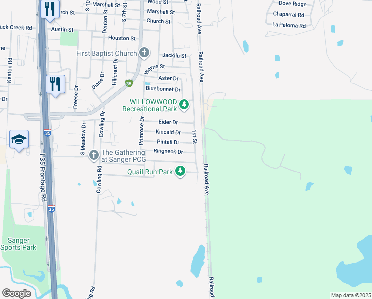 map of restaurants, bars, coffee shops, grocery stores, and more near 107 Ringneck Dr in Sanger