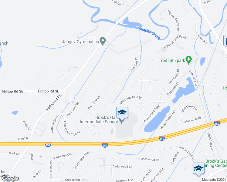 map of restaurants, bars, coffee shops, grocery stores, and more near 5493 Park Side Circle in Birmingham