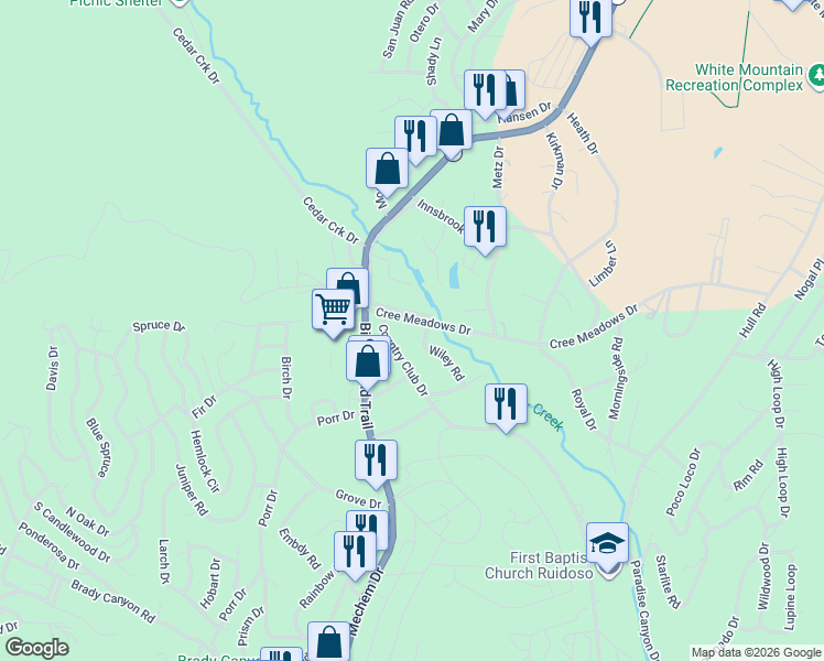 map of restaurants, bars, coffee shops, grocery stores, and more near 100-106 Cree Meadows Drive in Ruidoso