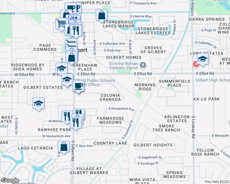 map of restaurants, bars, coffee shops, grocery stores, and more near 230 South Palo Verde Street in Gilbert