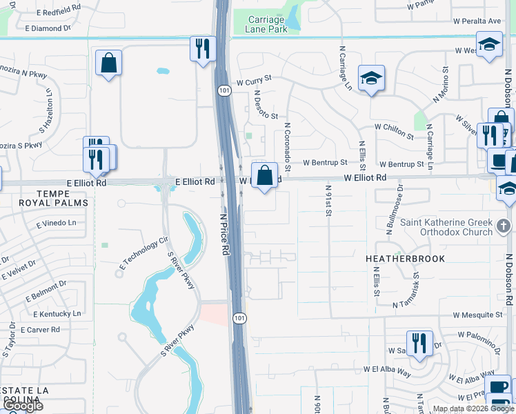 map of restaurants, bars, coffee shops, grocery stores, and more near 2974 West Comstock Drive in Chandler