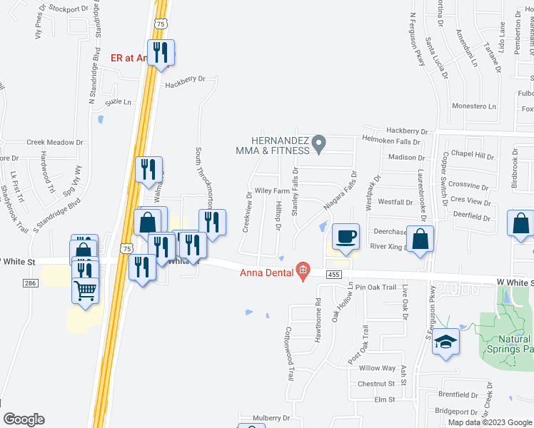 map of restaurants, bars, coffee shops, grocery stores, and more near 405 Creekside Drive in Anna