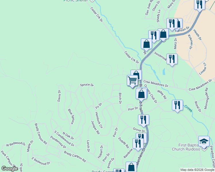 map of restaurants, bars, coffee shops, grocery stores, and more near 142-186 Cedar Place in Ruidoso