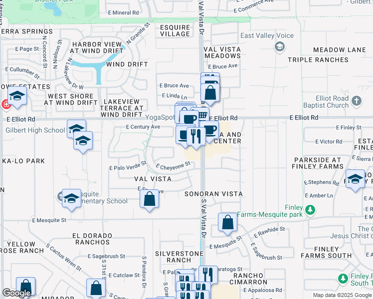 map of restaurants, bars, coffee shops, grocery stores, and more near 110 South Val Vista Drive in Gilbert