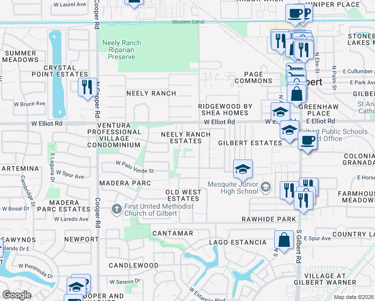 map of restaurants, bars, coffee shops, grocery stores, and more near 103 South Monterey Street in Gilbert