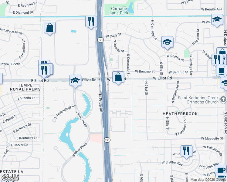 map of restaurants, bars, coffee shops, grocery stores, and more near 2974 West Comstock Drive in Chandler